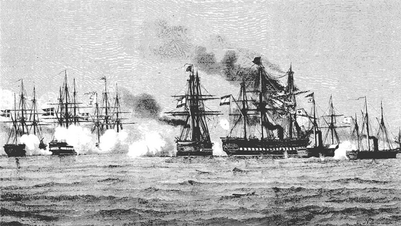 Slaget ved Helgoland 9. maj 1864. På stikket ses fregatten Jylland som 2 fra venstre. (Stik af Carl Neumann i "Illustreret Tidende", 22 maj 1864).
