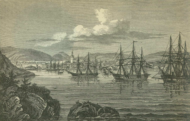 Fregatterne Nils Juel og Jylland, samt korvetten Hejmdal med Kristiansand i baugrunden. 1864