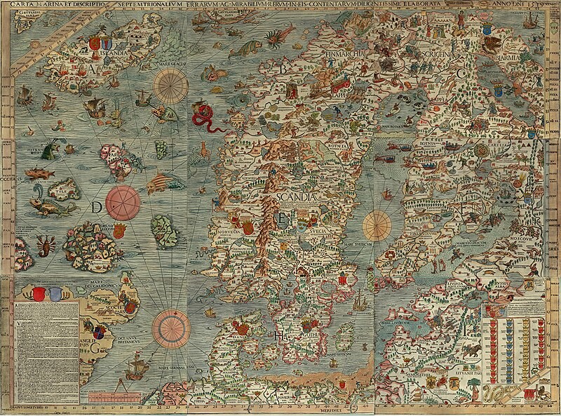 Carta marina, er det første kort over de nordiske lande, der angiver stednavne og detaljer. Det blev skabt af den svenske gejstlige Olaus Magnus og udkom i 1539. Og se de mange fabeldyr. Og de lidt for mange øer i Atlanden.