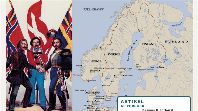 Illustrationen af de tre soldater fra Norge, Danmark og Sverige er fra 1848. Det indfanger glimrende, hvordan der allerede under Første Slesvigske Krig (1848-1851) var forsøg på at forene Skandinavien igennem en krig. Illustration: Ukendt efter forlæg af ukendt original (1848), Nasjonalbiblioteket i Oslo / Kort: Per Jørgensen / Collage: Kristian Jensen / Artikel hvor jeg har fundet det.