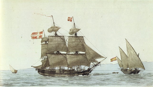 Den 30. marts 1570 fik Rodes kaperbrev og det første kaperskib i tsar Ivans tjeneste var en tomastet pinke; et fladbundet, hurtigt og manøvredygtigt fartøj. Her et billede af marinemaleren Antoine Roux (1765-1835) af en dansk tremasters møde med en spansk pinke (Wikipedia). Klik på billedet og se hvad der sker.